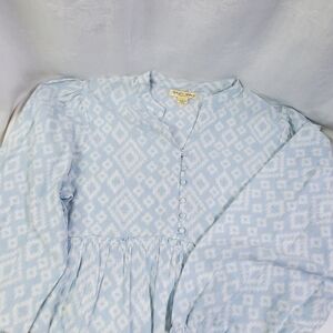 Studio West Women's Blue/White L/S Boho Pullover 1/2 Button Tunic Large
